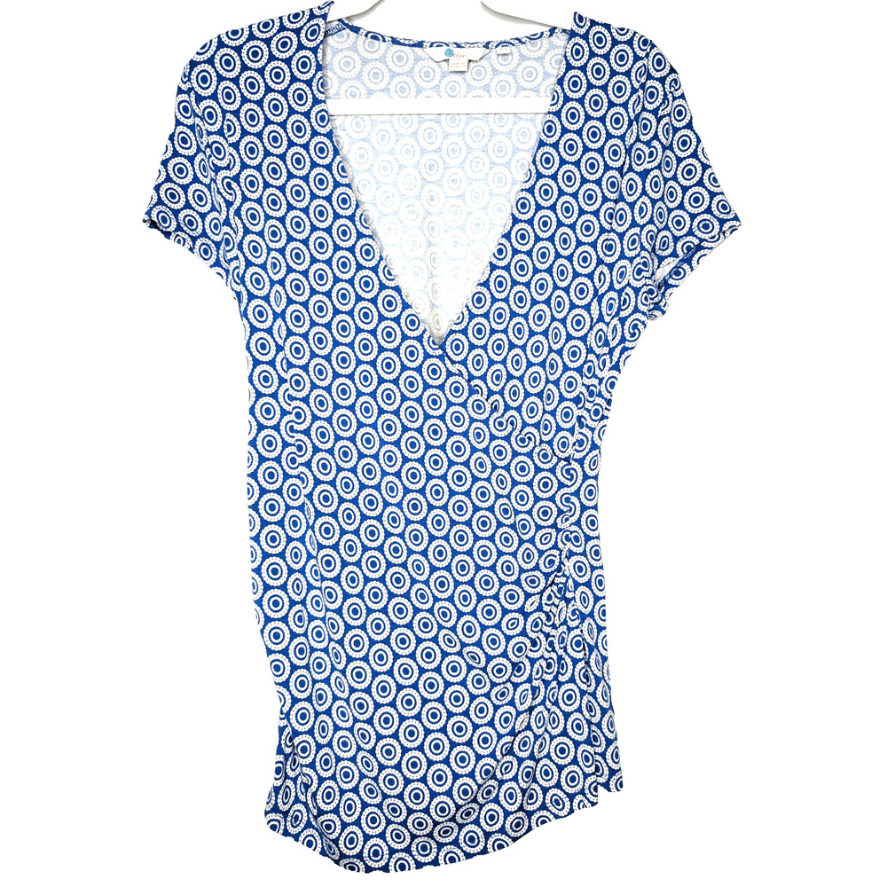 Boden Surplice Faux Wrap‎ Preppy Coastal Blue Geo Polka Dot Cap Sleeve Tee 10